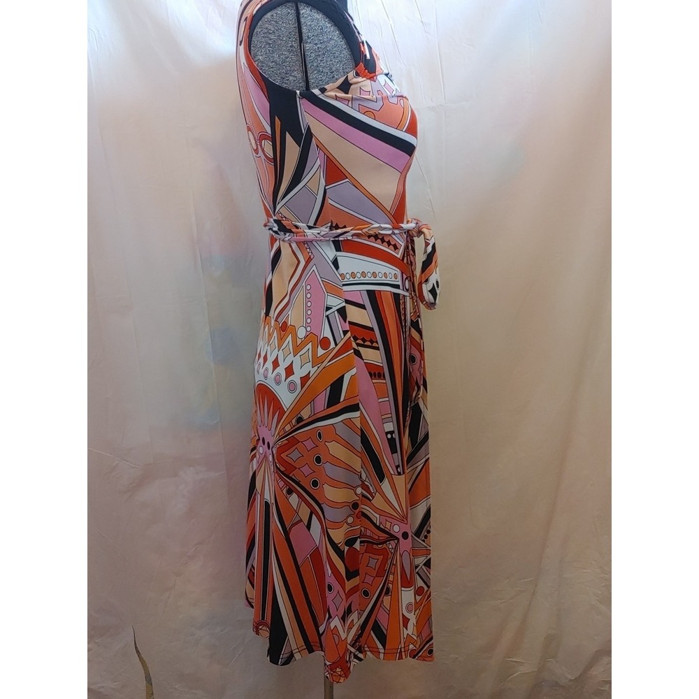 Bionic Abstract Wrap Dress Women's Sz S A-Line Sheath Striped Belted Knee Length - Picture 6 of 12